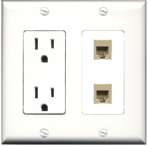 RiteAV - 15 Amp Power Outlet 2 Port Phone RJ11 RJ12 Beige Decorative Type Wall Plate White