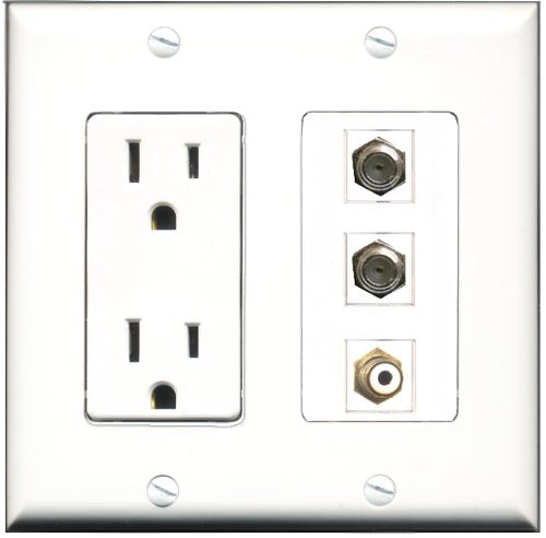 RiteAV - 15 Amp Power Outlet 1 Port RCA White 2 Port Coax Decorative Wall Plate