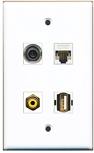 RiteAV - 1 Port RCA Yellow 1 Port USB A-A 1 Port 3.5mm 1 Port Cat5e Ethernet White Wall Plate