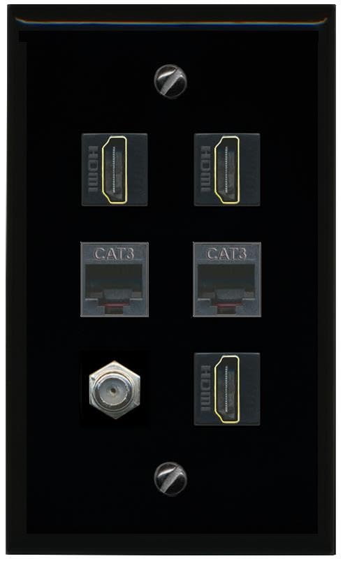 RiteAV COAX 3 HDMI 2 PHONE Flat/Solid Wall Plate [Black]