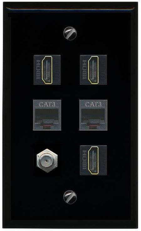 RiteAV COAX 3 HDMI 2 PHONE Flat/Solid Wall Plate [Black]