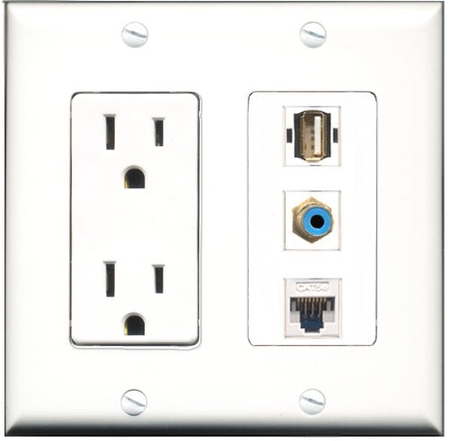 RiteAV - 15 Amp Power Outlet 1 Port RCA Blue 1 Port USB A-A 1 Port Cat5e Ethernet White Decorative Wall Plate