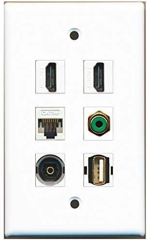 RiteAV - 2 HDMI 1 Port RCA Green 1 Port USB A-A 1 Port Toslink 1 Port Cat5e Ethernet White Wall Plate