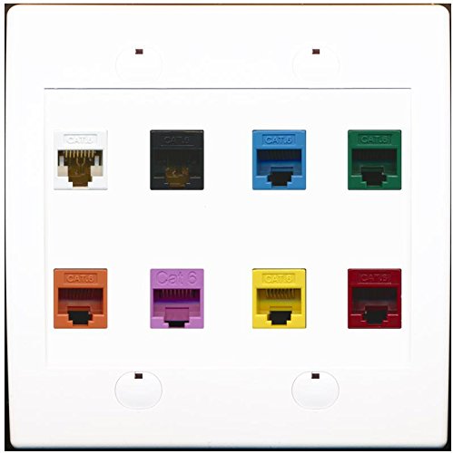 RiteAV 8 Cat6 Ethernet Jacks Mixed Colors Wall Plate White