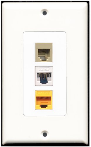 RiteAV 1 Port Phone RJ11 RJ12 Beige 1 Cat5e Ethernet White 1 Cat5e Ethernet Yellow Wall Plate OVERSIZED
