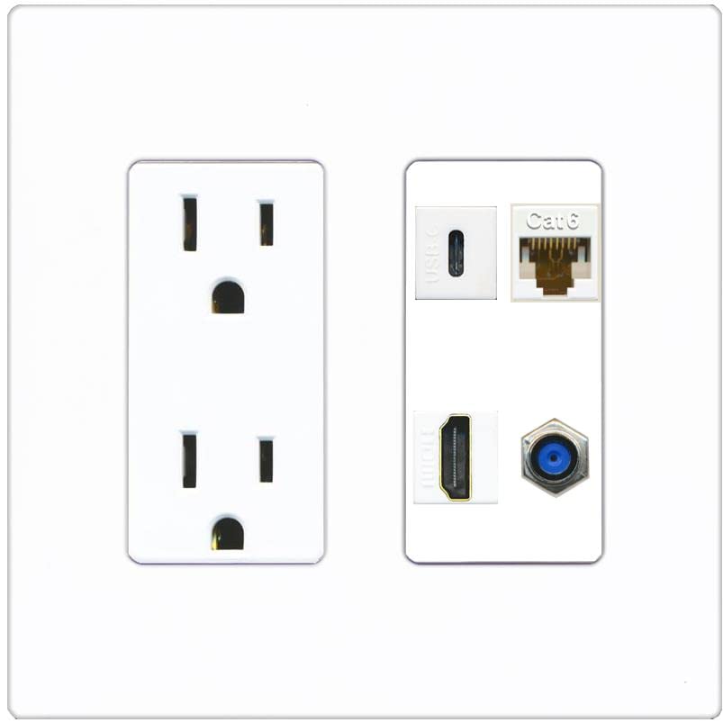 RiteAV USBC HDMI Cat6 Coax F81 Wall Plate - Outlet [Screwless White]