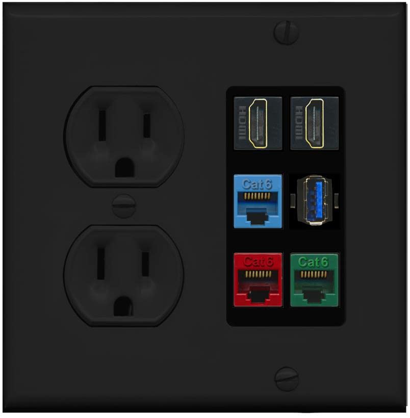 RiteAV 2 HDMI 3 Cat6 Ethernet USB3 Mixed Color Wall Plate - Round Outlet [Black/Black]