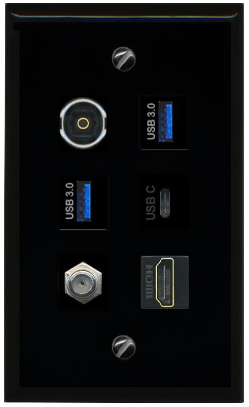 RiteAV Coax HDMI TOSLINK 2 USB 3 USBC Flat/Solid Wall Plate [Black]