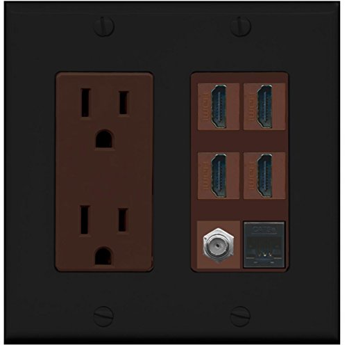 RiteAV 4 Port HDMI 1 Coax Cable TV- F-Type 1 Cat5E Ethernet Wall Plate - Outlet [Black/Brown]