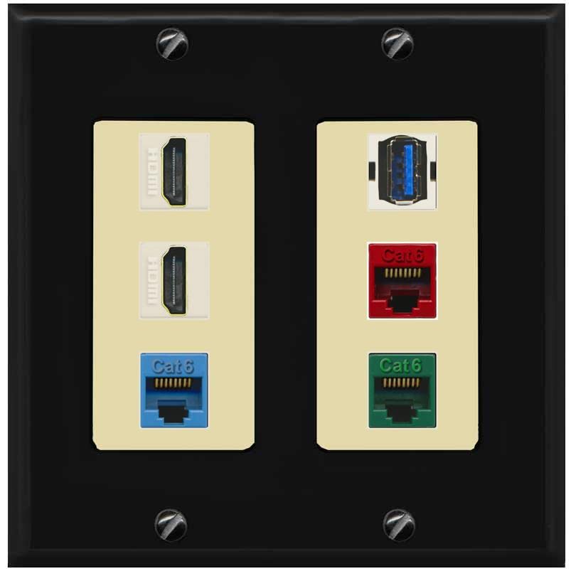 RiteAV 2 HDMI 3 Cat6 Ethernet USB3 Mixed Color Wall Plate - 2 Gang [Black/Ivory]