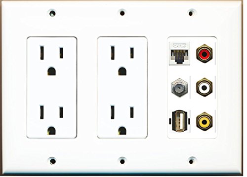 RiteAV - (3 Gang 2 15A Power Outlet Coax Cat5e Composite Video USB A-A Wall Plate White