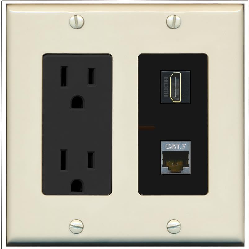 RiteAV HDMI and Cat7 Wall Plate - Outlet [Light-Almond/Black]