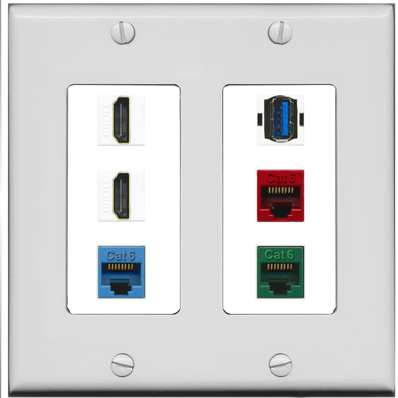 RiteAV 2 HDMI 3 Cat6 Ethernet USB3 Mixed Color Wall Plate - 2 Gang [Gray/White]