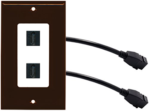RiteAV (1 Gang Decorative) 2 HDMI Black Wall Plate w/Pigtail Extension Cable Brown on White