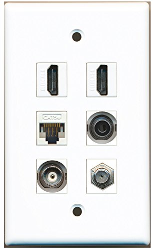 RiteAV - 2 HDMI 1 Port Coax Cable TV- F-Type 1 Port 3.5mm 1 Port BNC 1 Port Cat5e Ethernet White Wall Plate