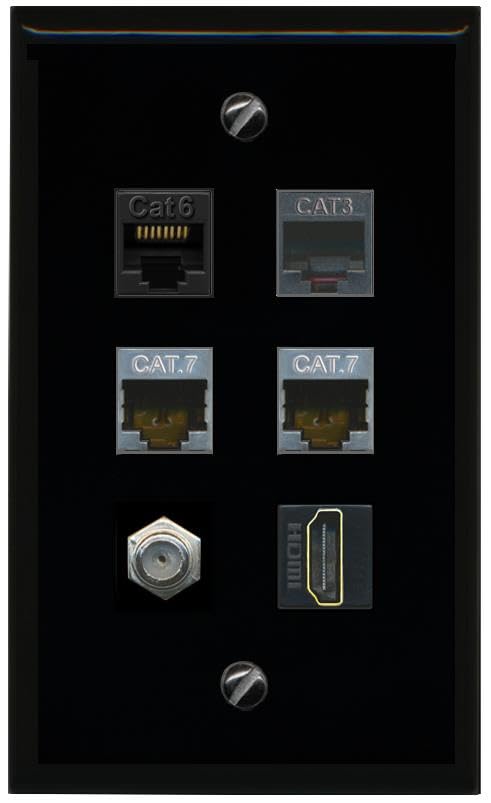 RiteAV CAT6 2 CAT7 Coax HDMI Phone Flat/Solid Wall Plate [Black]