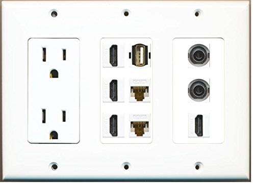 RiteAV - (3 Gang 15A Power Outlet 4 HDMI 2 Cat6 White 2 3.5mm USB A-A Wall Plate White