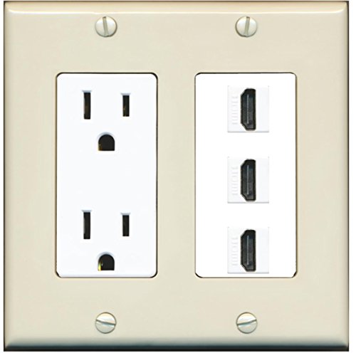 RiteAV - 15 Amp Power Outlet 3 Port HDMI Decorative Wall Plate - Light Almond/White