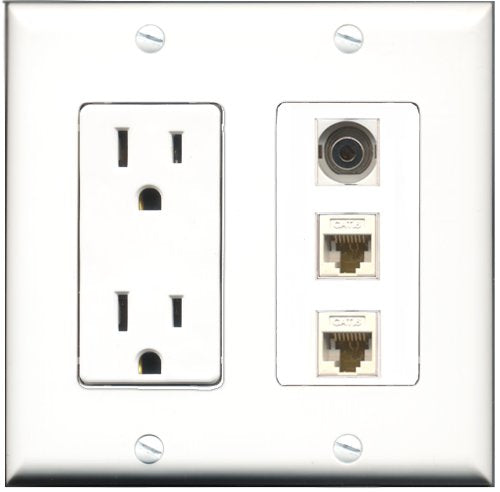 RiteAV - 15 Amp Power Outlet 1 Port 3.5mm 2 Port Cat6 Ethernet Ethernet White Decorative Wall Plate