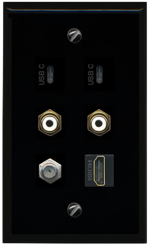 RiteAV Coax HDMI 2 RCA White 2 USBC Flat/Solid Wall Plate [Black]