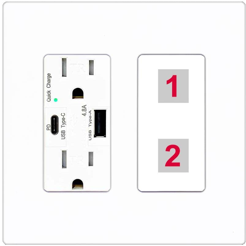 RiteAV Custom Wall Plate 2 Port - USB A+C Charger [Screwless White]