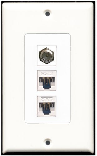 RiteAV 1 Port Coax Cable TV- F-Type 2 Port Cat5e Ethernet White Wall Plate OVERSIZED