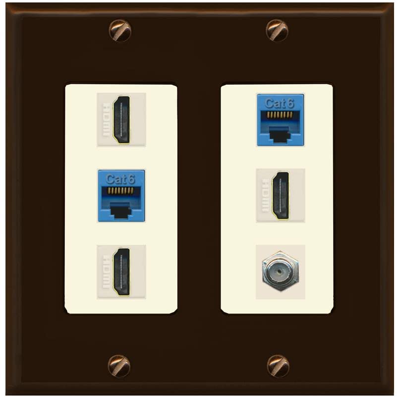 RiteAV 3 HDMI Wall Plate 2 Cat6 1 Coax - 2 Gang [Brown/Light-Almond]