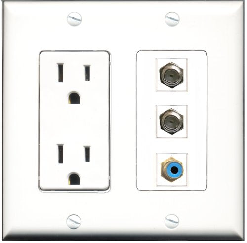RiteAV - 15 Amp Power Outlet 1 Port RCA Blue 2 Port Coax Decorative Wall Plate