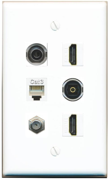 RiteAV 3.5mm Coax 2 HDMI Phone TOSLINK Flat/Solid Wall Plate [White]