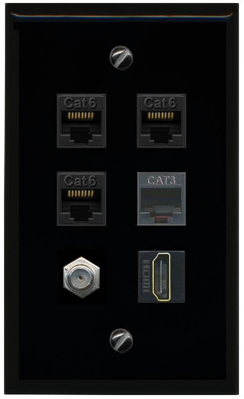 RiteAV 3 CAT6 Coax HDMI Phone Flat/Solid Wall Plate [Black]