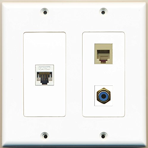 RiteAV - 1 Port RCA Blue 1 Port Phone RJ11 RJ12 Beige 1 Port Cat5e Ethernet White - 2 Gang Wall Plate