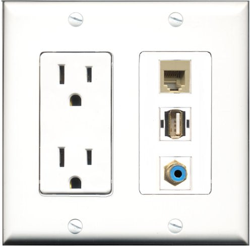RiteAV - 15 Amp Power Outlet 1 Port RCA Blue 1 Port USB A-A 1 Port Phone Beige Decorative Wall Plate