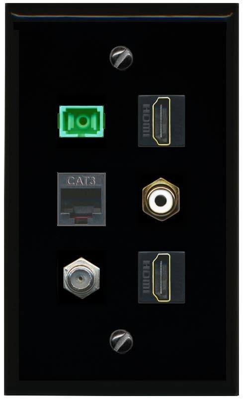 RiteAV COAX 2 HDMI PHONE RCA WHITE SC APC Simplex Fiber Flat/Solid Wall Plate [Black]