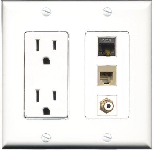RiteAV - 15 Amp Power Outlet 1 Port RCA White 1 Port Phone Beige 1 Port Shielded Cat6 Ethernet Ethernet Decorative Wall Plate