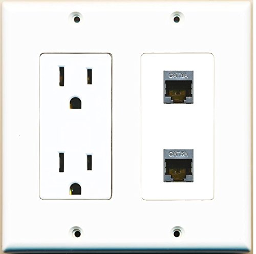 RiteAV - (2 Gang Decorative 15 Amp 125 Volt Power Outlet and 2 Cat6a Wall Plate White