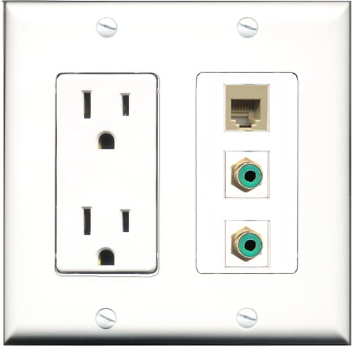 RiteAV - 15 Amp Power Outlet 2 Port RCA Green 1 Port Phone Beige Decorative Wall Plate