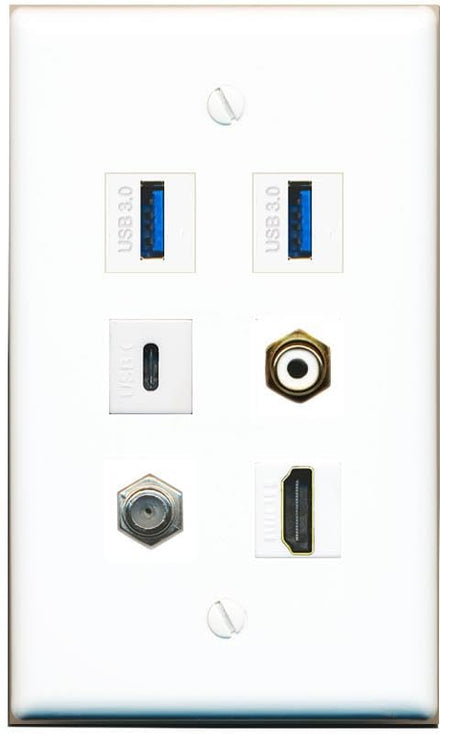 RiteAV Coax HDMI RCA-White 2 USB-3 USBC Flat/Solid Wall Plate [White]