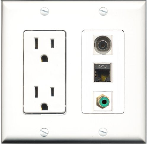 RiteAV - 15 Amp Power Outlet 1 Port RCA Green 1 Port Shielded Cat6 Ethernet Ethernet 1 Port 3.5mm Decorative Wall Plate
