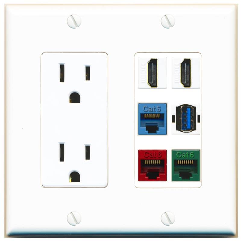 RiteAV 2 HDMI 3 Cat6 Ethernet USB3 Mixed Color Wall Plate - Outlet [White/White]
