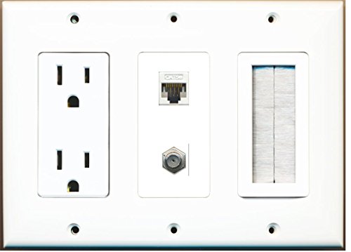 RiteAV - (3 Gang 15A Power Outlet Mesh-Brush Coax Cat5e White Wall Plate White