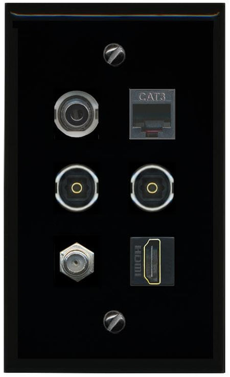 RiteAV 3.5mm Coax HDMI Phone 2 TOSLINK Flat/Solid Wall Plate [Black]