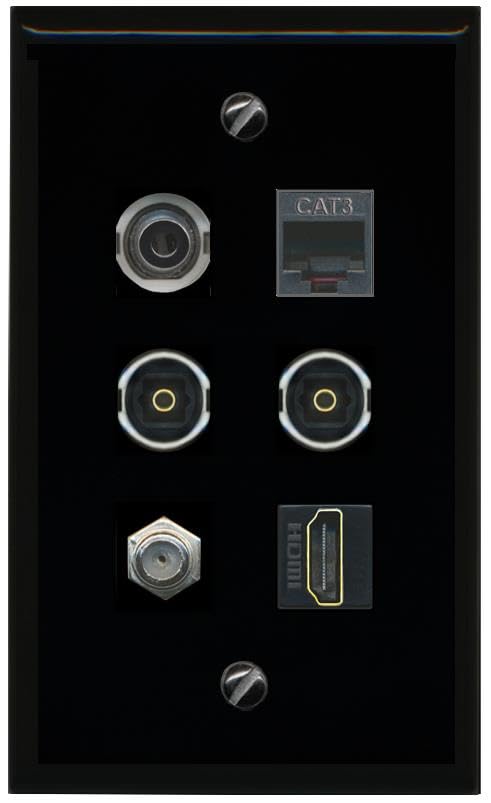 RiteAV 3.5mm Coax HDMI Phone 2 TOSLINK Flat/Solid Wall Plate [Black]