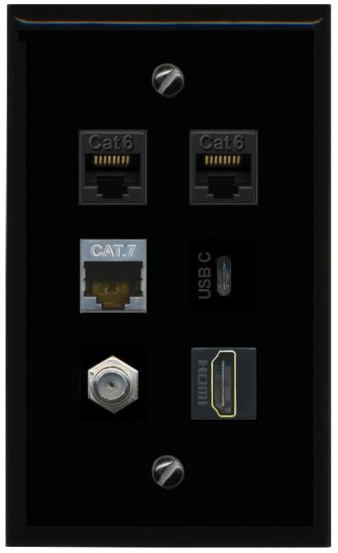 RiteAV 2 CAT6 CAT7 Coax HDMI USBC Flat/Solid Wall Plate [Black]