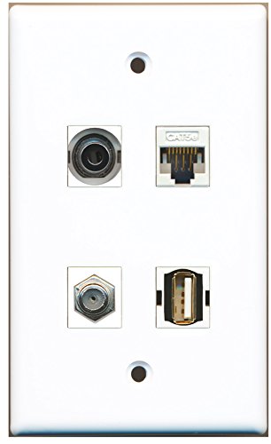 RiteAV - 1 Port Coax Cable TV- F-Type 1 Port USB A-A 1 Port 3.5mm 1 Port Cat5e Ethernet White Wall Plate