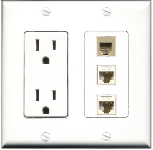 RiteAV - 15 Amp Power Outlet 1 Port Phone Beige 2 Port Cat6 Ethernet Ethernet White Decorative Wall Plate