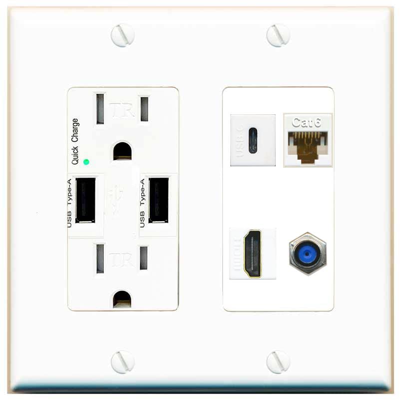 RiteAV USBC HDMI Cat6 Coax F81 Wall Plate - USB Charger [White/White]