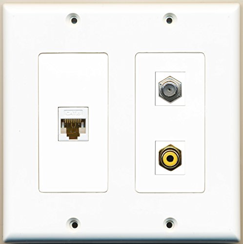 RiteAV - 1 Port RCA Yellow 1 Port Coax Cable TV- F-Type 1 Port Cat6 Ethernet White - 2 Gang Wall Plate