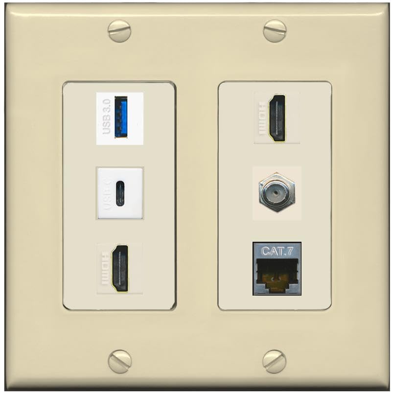 RiteAV USB 3 USB C 2 HDMI Coax Cat7 Wall Plate - 2 Gang [Ivory/Light-Almond]