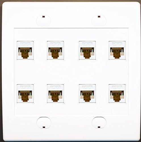 RiteAV 8 Port Flat Dual 2 Gang Ethernet Cat6 RJ45 Network Wall Plate - White