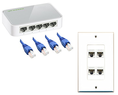 RiteAV 4 Ports Cat5e Ethernet Splitter Wall Plate + 4 pcs 7ft Cat5e Blue Cables